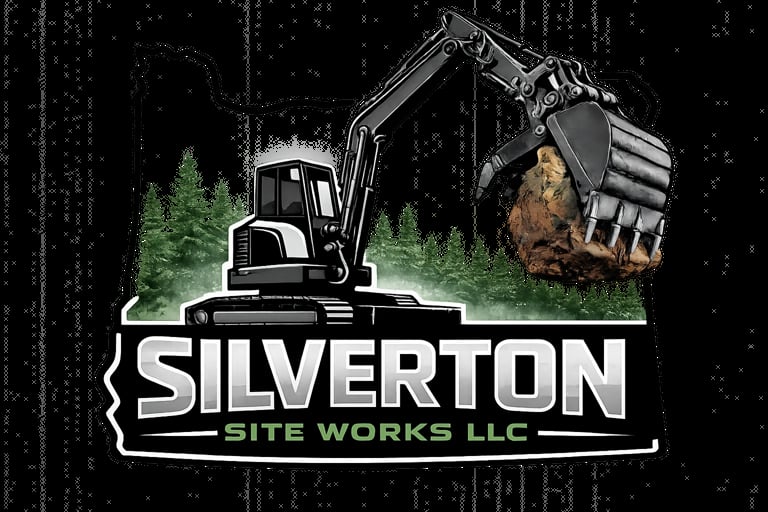 Silverton Site Works LLC logo featuring an excavator with bucket against forested background